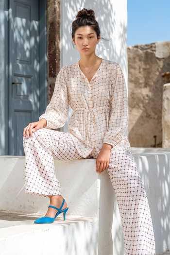 Nautanky_Ivory Crepe Round Neck Grid Print Top And Pant Set _at_Aza_Fashions