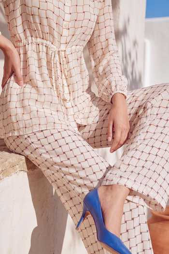 Buy_Nautanky_Ivory Crepe Round Neck Grid Print Top And Pant Set 