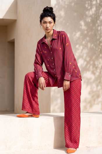 Nautanky_Pink Crepe Collared Neck Heart Print Shirt And Pant Set _Online_at_Aza_Fashions