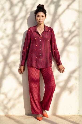 Nautanky_Pink Crepe Collared Neck Heart Print Shirt And Pant Set _at_Aza_Fashions