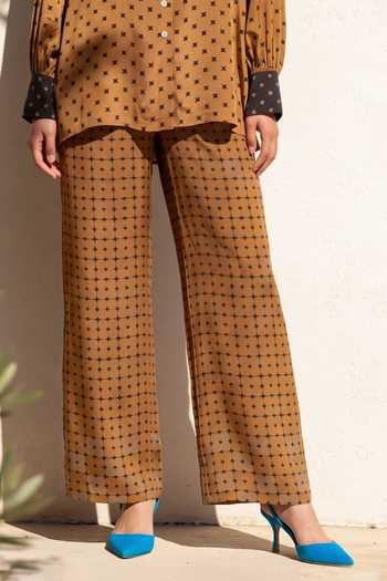 Nautanky_Brown Crepe Collared Neck Geometric Print Shirt And Pant Set _Online_at_Aza_Fashions