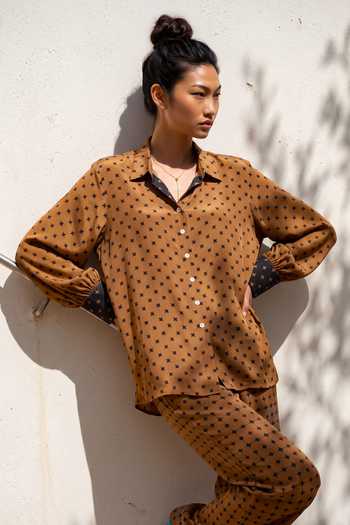 Buy_Nautanky_Brown Crepe Collared Neck Geometric Print Shirt And Pant Set _Online_at_Aza_Fashions