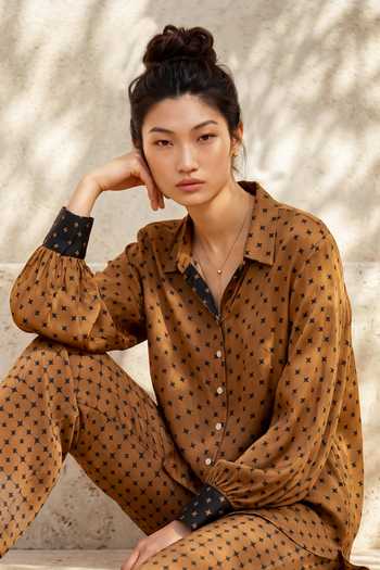 Shop_Nautanky_Brown Crepe Collared Neck Geometric Print Shirt And Pant Set _Online_at_Aza_Fashions