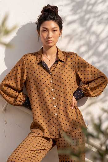 Nautanky_Brown Crepe Collared Neck Geometric Print Shirt And Pant Set _at_Aza_Fashions