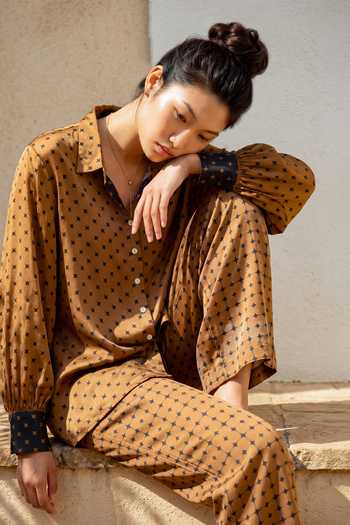 Buy_Nautanky_Brown Crepe Collared Neck Geometric Print Shirt And Pant Set 