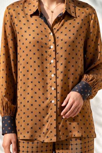 Shop_Nautanky_Brown Crepe Collared Neck Geometric Print Shirt And Pant Set 