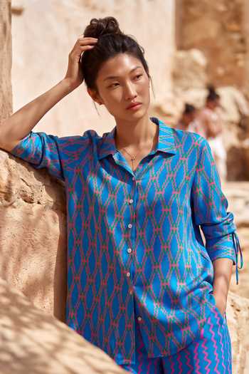 Shop_Nautanky_Blue Crepe Collared Neck Zig Zag Print Shirt And Pant Set _Online_at_Aza_Fashions