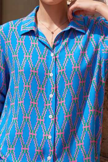 Nautanky_Blue Crepe Collared Neck Zig Zag Print Shirt And Pant Set _at_Aza_Fashions