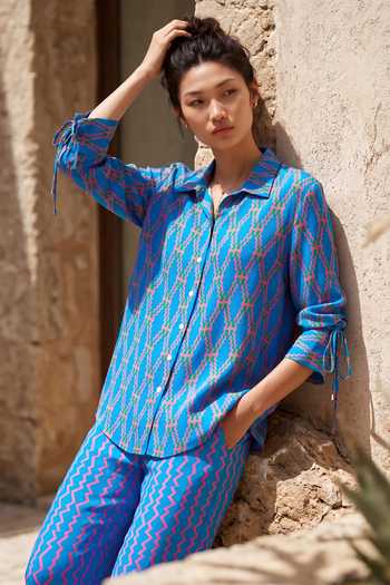 Buy_Nautanky_Blue Crepe Collared Neck Zig Zag Print Shirt And Pant Set 