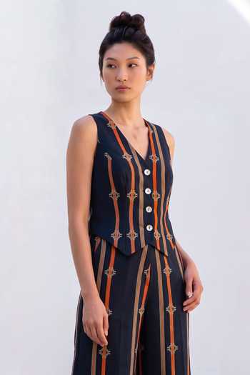 Nautanky_Grey Crepe V-neck Stripe Print Vest And Trouser Set _Online_at_Aza_Fashions