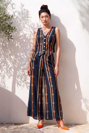 Buy_Nautanky_Grey Crepe V-neck Stripe Print Vest And Trouser Set _Online_at_Aza_Fashions