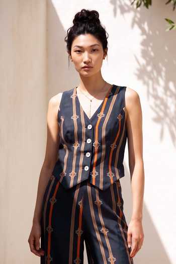 Shop_Nautanky_Grey Crepe V-neck Stripe Print Vest And Trouser Set _Online_at_Aza_Fashions