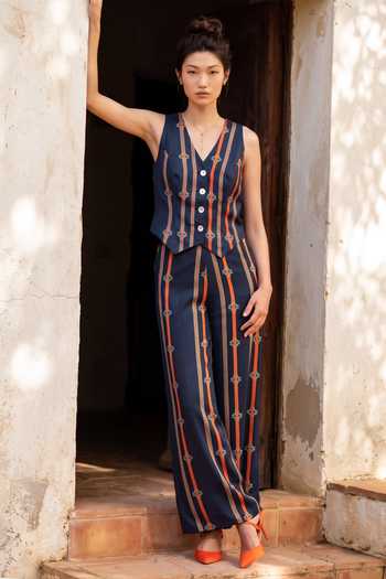 Nautanky_Grey Crepe V-neck Stripe Print Vest And Trouser Set _at_Aza_Fashions