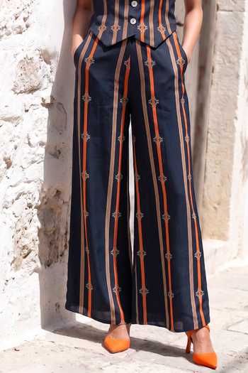 Shop_Nautanky_Grey Crepe V-neck Stripe Print Vest And Trouser Set 