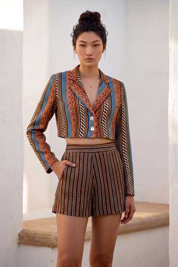 Nautanky_Brown Crepe Collared Neck Printed Jacket And Shorts Set _Online_at_Aza_Fashions