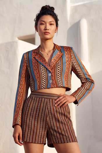 Buy_Nautanky_Brown Crepe Collared Neck Printed Jacket And Shorts Set _Online_at_Aza_Fashions
