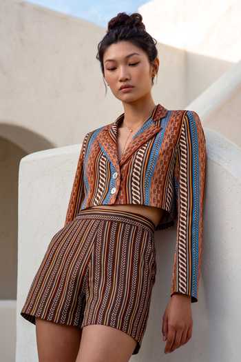 Shop_Nautanky_Brown Crepe Collared Neck Printed Jacket And Shorts Set _Online_at_Aza_Fashions