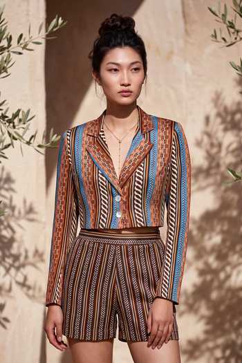 Nautanky_Brown Crepe Collared Neck Printed Jacket And Shorts Set _at_Aza_Fashions
