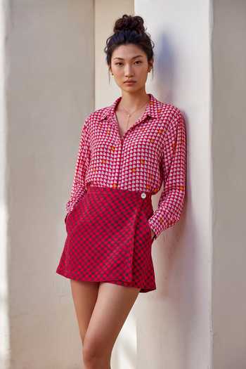 Nautanky_Pink Crepe Collared Neck Printed Shirt And Skorts Set _Online_at_Aza_Fashions
