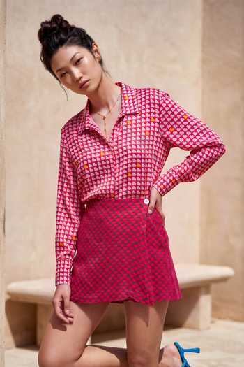 Buy_Nautanky_Pink Crepe Collared Neck Printed Shirt And Skorts Set _Online_at_Aza_Fashions