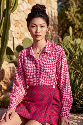Nautanky_Pink Crepe Collared Neck Printed Shirt And Skorts Set _at_Aza_Fashions