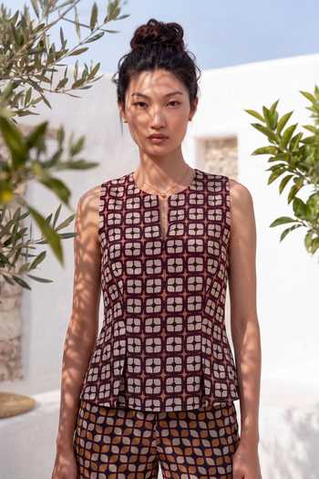 Nautanky_Brown Crepe Round Neck Matrix Printed Waistcoat And Trouser Set _Online_at_Aza_Fashions