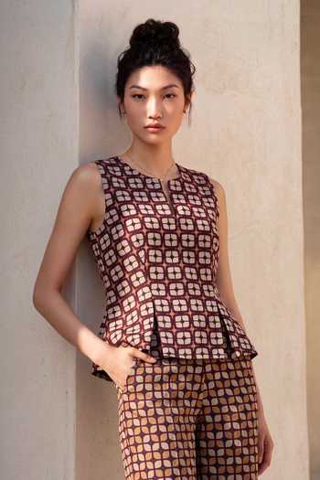 Buy_Nautanky_Brown Crepe Round Neck Matrix Printed Waistcoat And Trouser Set _Online_at_Aza_Fashions