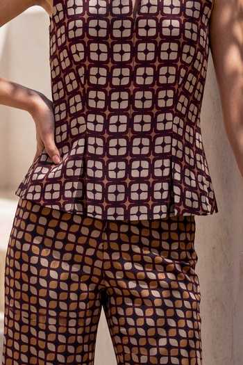 Nautanky_Brown Crepe Round Neck Matrix Printed Waistcoat And Trouser Set _at_Aza_Fashions