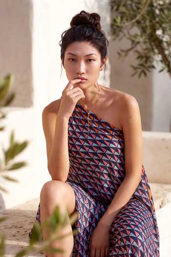 Nautanky_Blue Crepe One Shoulder Geometric Print Dress _Online_at_Aza_Fashions