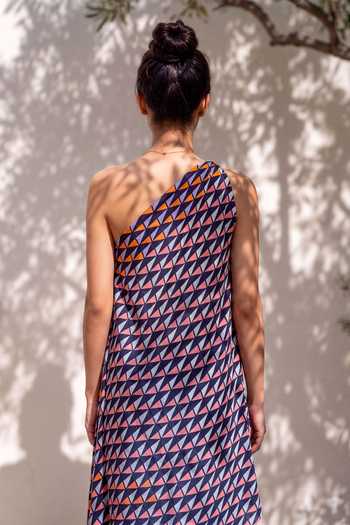 Shop_Nautanky_Blue Crepe One Shoulder Geometric Print Dress _Online_at_Aza_Fashions