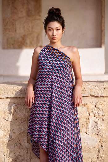Nautanky_Blue Crepe One Shoulder Geometric Print Dress _at_Aza_Fashions