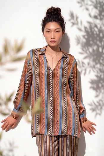 Nautanky_Blue Crepe Collared Neck Stripe Print Shirt And Trouser Set _Online_at_Aza_Fashions