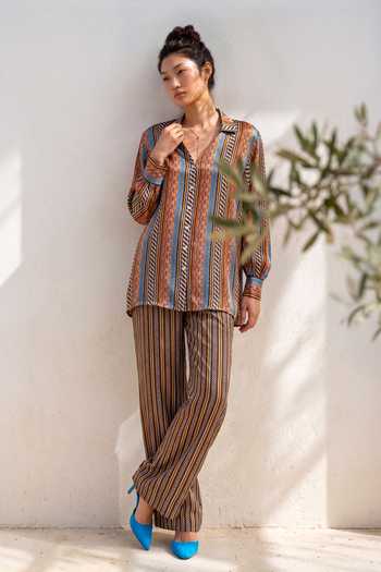 Buy_Nautanky_Blue Crepe Collared Neck Stripe Print Shirt And Trouser Set _Online_at_Aza_Fashions
