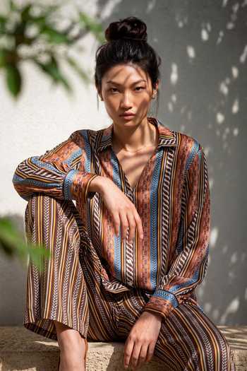 Shop_Nautanky_Blue Crepe Collared Neck Stripe Print Shirt And Trouser Set _Online_at_Aza_Fashions