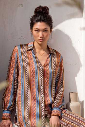 Nautanky_Blue Crepe Collared Neck Stripe Print Shirt And Trouser Set _at_Aza_Fashions