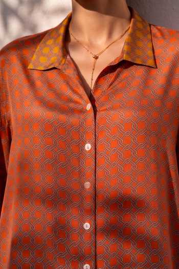 Nautanky_Orange Crepe Collared Neck Sundial Printed Shirt And Pant Set _Online_at_Aza_Fashions