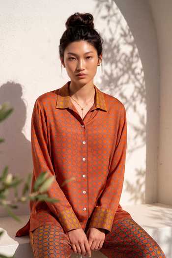 Buy_Nautanky_Orange Crepe Collared Neck Sundial Printed Shirt And Pant Set _Online_at_Aza_Fashions