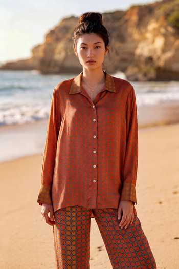 Shop_Nautanky_Orange Crepe Collared Neck Sundial Printed Shirt And Pant Set _Online_at_Aza_Fashions