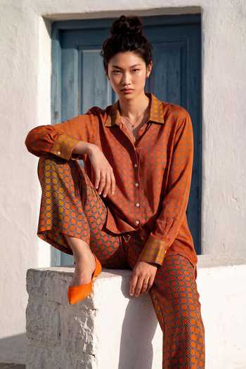 Nautanky_Orange Crepe Collared Neck Sundial Printed Shirt And Pant Set _at_Aza_Fashions