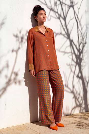 Shop_Nautanky_Orange Crepe Collared Neck Sundial Printed Shirt And Pant Set 