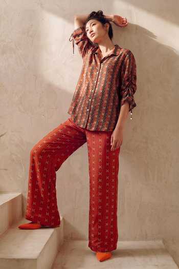 Nautanky_Orange Crepe Collared Neck Terra Printed Shirt And Trouser Set _Online_at_Aza_Fashions