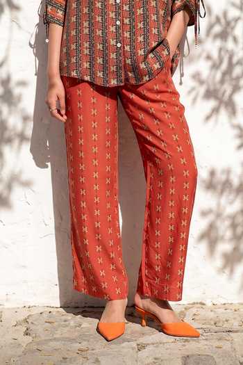 Buy_Nautanky_Orange Crepe Collared Neck Terra Printed Shirt And Trouser Set _Online_at_Aza_Fashions