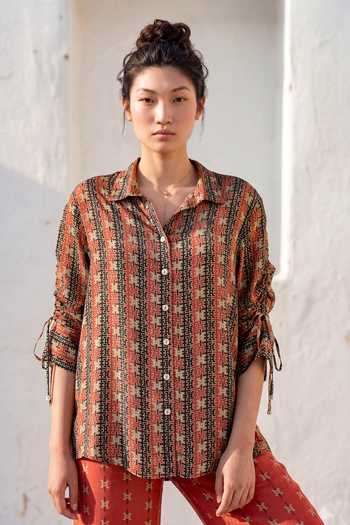 Shop_Nautanky_Orange Crepe Collared Neck Terra Printed Shirt And Trouser Set _Online_at_Aza_Fashions