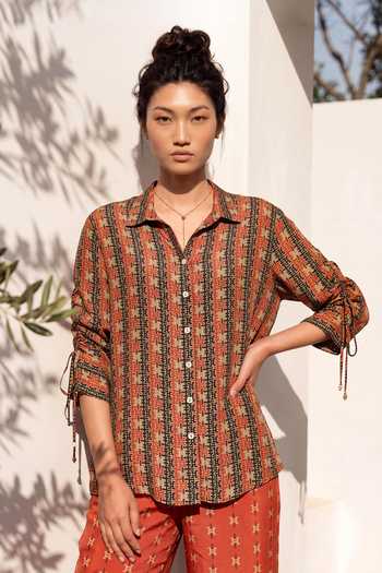 Nautanky_Orange Crepe Collared Neck Terra Printed Shirt And Trouser Set _at_Aza_Fashions