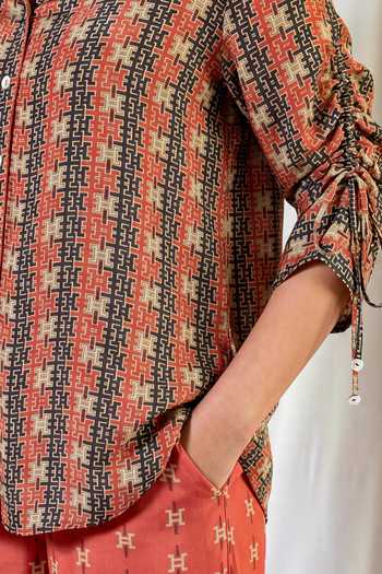 Buy_Nautanky_Orange Crepe Collared Neck Terra Printed Shirt And Trouser Set 