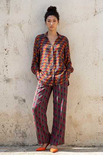 Nautanky_Multi Color Crepe Collared Neck Geometric Print Shirt And Trouser Set _Online_at_Aza_Fashions