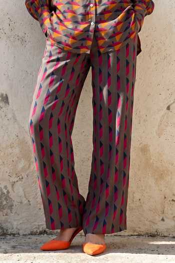 Buy_Nautanky_Multi Color Crepe Collared Neck Geometric Print Shirt And Trouser Set _Online_at_Aza_Fashions