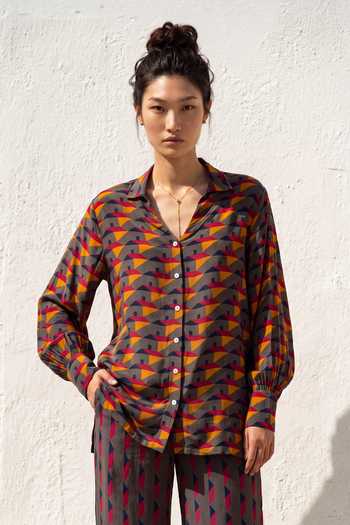 Shop_Nautanky_Multi Color Crepe Collared Neck Geometric Print Shirt And Trouser Set _Online_at_Aza_Fashions