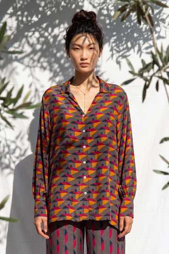 Nautanky_Multi Color Crepe Collared Neck Geometric Print Shirt And Trouser Set _at_Aza_Fashions