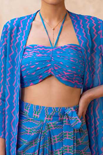 Nautanky_Blue Crepe Open , Halter Zig Zag Print Jacket Skirt Set _Online_at_Aza_Fashions